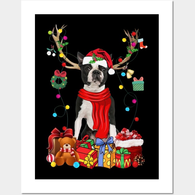 Black Boston Terrier Reindeer Santa Christmas Color Lights Wall Art by cogemma.art